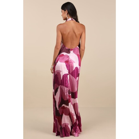 Lulus Prime Poise Dress Women's M Pink Maxi Multi Abstract Satin Halter NWT - Picture 3 of 11